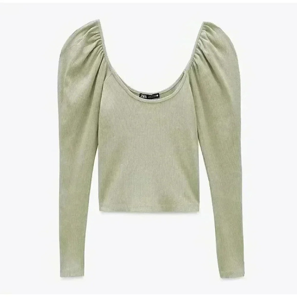 Zara Scoop Neck Puff Shoulder Long Sleeve Crop Top Size Large Green Casual - Picture 1 of 7